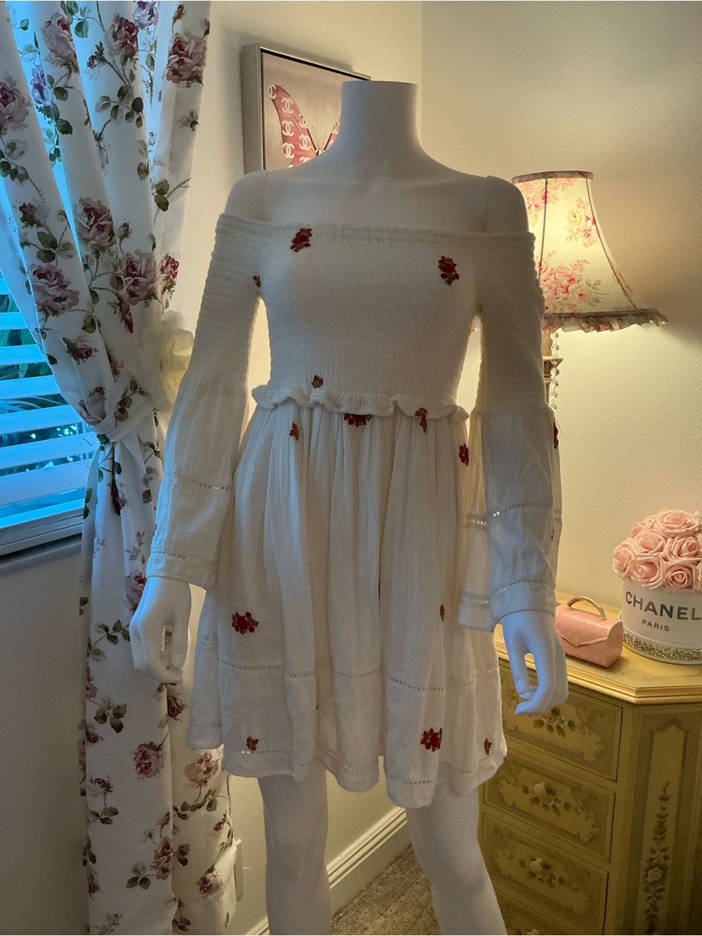 White Off-Shoulder Mini Dress with Red Floral Embroidery